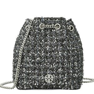 TORY BURCH Willa Metallic Tweed Small Drawstring Bag in Black Multi NWT